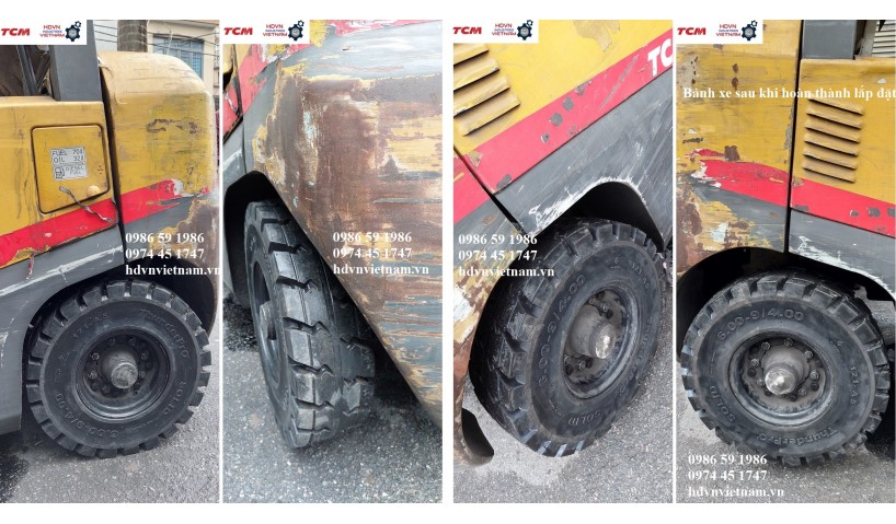 Bảo dưỡng thay dầu lọc, thay lốp 600-9 Thunderpro, thay củ đề QD32 TD27 cho xe nâng 2.5 tấn TCM FD25T3 tại nhà máy bao bì tại Hà Nội